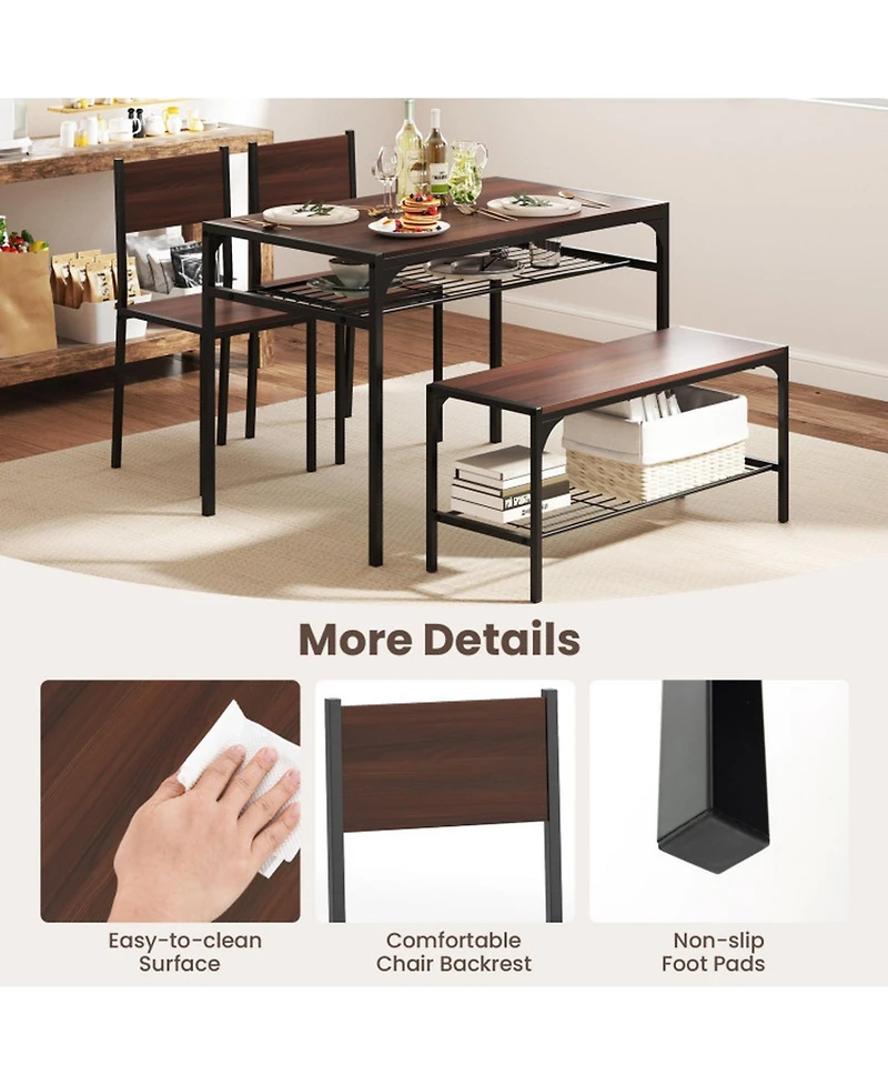 Gouun 4-Piece Industrial Dining Table Set with Bench, Chairs and Storage