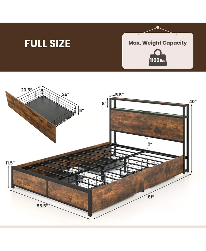 Gouun Full Size Led Bed Frame with 4 Storage Drawers and Built-In Charging Station