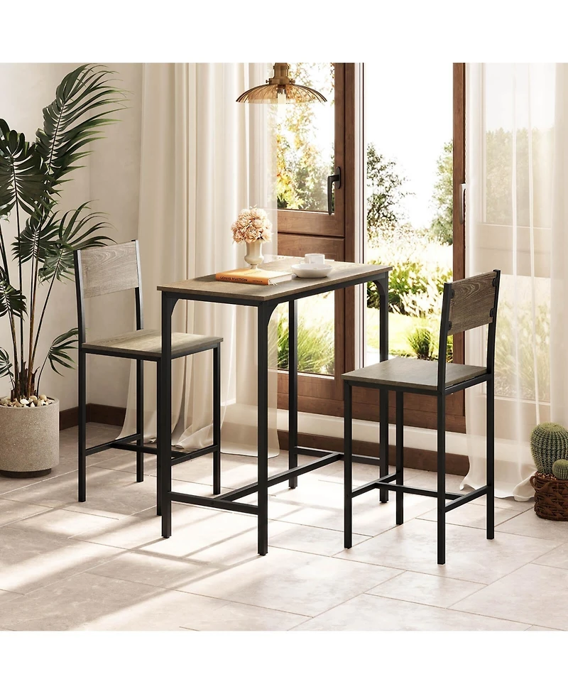 Costway 3 Pcs Bar Table Set Pub Dining Table and 2 Bar Stools with Backrest and Footrest
