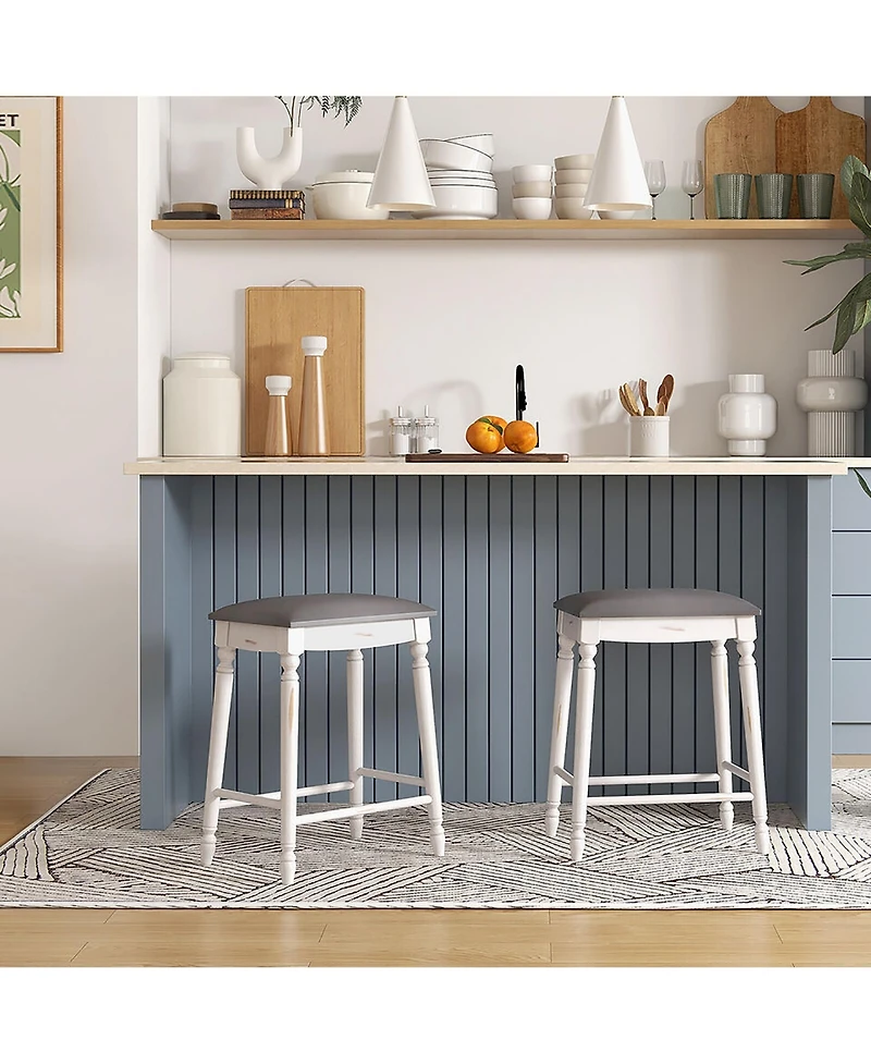 Gymax 24'' Bar Stool Set of 2 with Padded Seat Cushions Rubber Wood Legs Upholstered