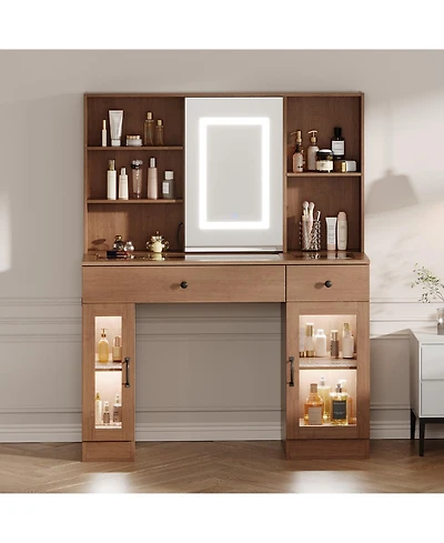 Homfan Large Vanity Desk with Sliding Mirror and 3-Color Led Lights, Makeup Dressing Table Storage Drawers, Shelves, Cabinets, Usb Outlets