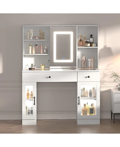 Homfan Large Vanity Desk with Sliding Mirror and 3-Color Led Lights, Makeup Dressing Table Storage Drawers, Shelves, Cabinets, Usb Outlets