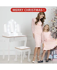 Homfan Kids Vanity Set with Lighted Tri Fold Mirror, Wooden Pretend Play Dressing Table Stool, Storage Drawer & Adjustable Led Modes