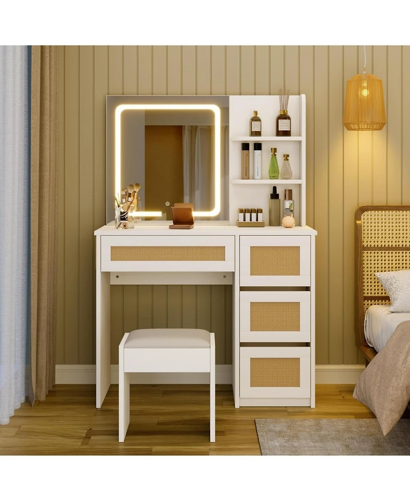 Homfan Rattan Vanity with Mirror, Makeup Vanity Desk with Adjustable Led Light, Large Storage Space and4 Drawers, 2 Tiers of Open Shelves for Bedroom