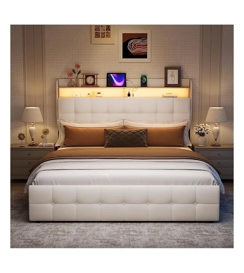 gaomon Bed Frame with Headboard and 2 Storage Drawers, Upholstered Bed Frame with Led Light, Modern Soft Bed with Charging Socket