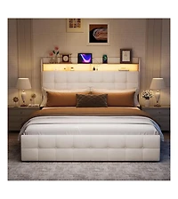 gaomon Bed Frame with Headboard and 2 Storage Drawers, Upholstered Bed Frame with Led Light, Modern Soft Bed with Charging Socket