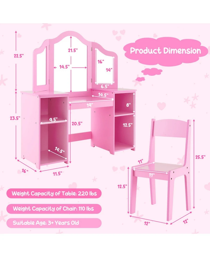 Gouun Kids Vanity Set with Tri-Folding Acrylic Mirror, 4 Storage Cubbies and High-Back Chair