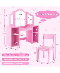 Gouun Kids Vanity Set with Tri-Folding Acrylic Mirror, 4 Storage Cubbies and High-Back Chair