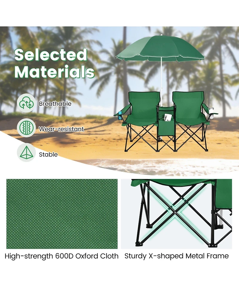 Sugift Portable Folding Picnic Double Chair with Removable Umbrella