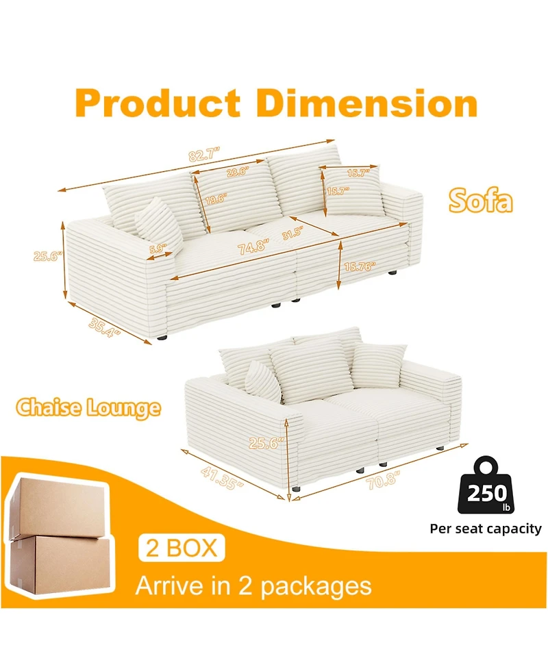 Rainsken 82.7" Corduroy 3-Seat Sofa, Convertible Deep Seat Couch Lounge Chair, Modern Comfy Upholstered Sofa with Soft Pillows for Living Room