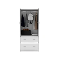 Flynama Edie Armoire White Bedroom Storage Organizer with Clothing Rod Upper Shelf and Lower Drawer