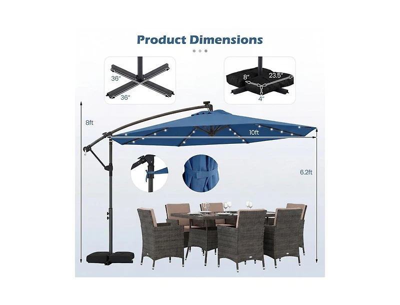 Slickblue Outdoor Cantilever Patio Umbrella with Solar Led Lights, Hanging Design