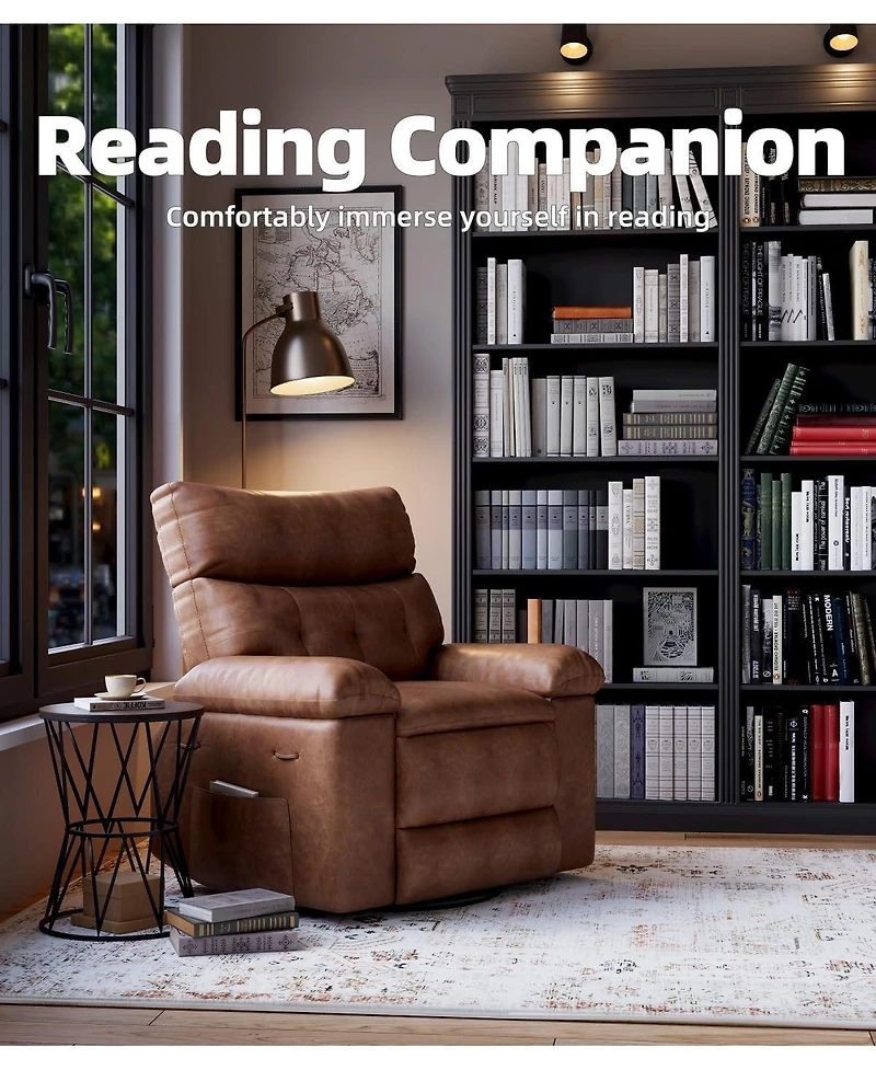 gaomon Swivel Rocking Recliner Chair, Oversized Pu Leather Reclining Nursery Rockers with Heat and Massage, Rocker Chair Pull Handle