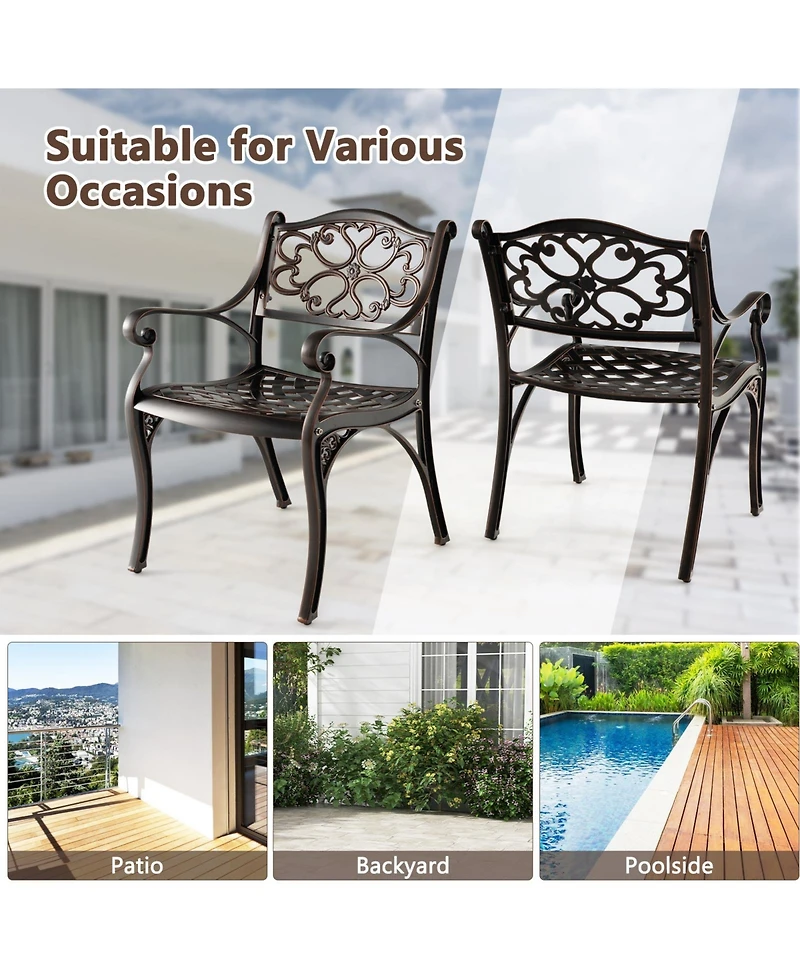 Gouun Set of 2 Cast Aluminum Outdoor Dining Chairs with Armrests and Flower Pattern