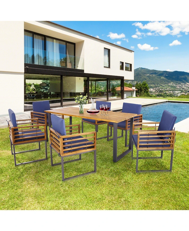 Gouun Set of 6 Acacia Wood Patio Dining Chairs with Seat and Back Cushions