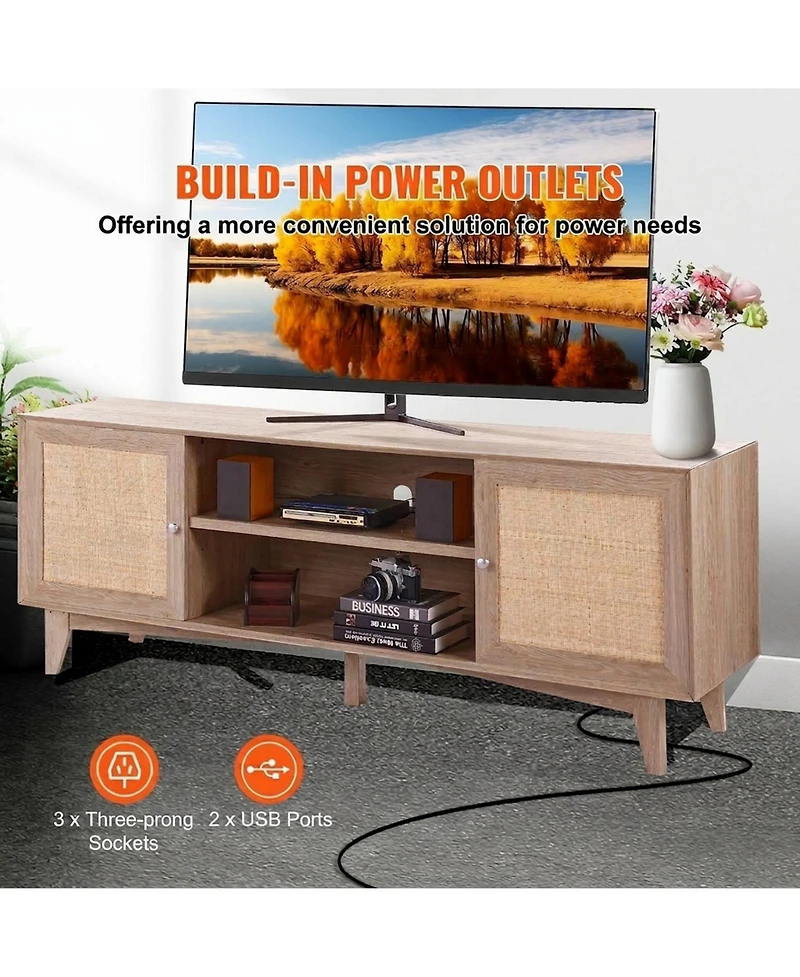 Sugift Rattan Tv Stand, Mid Century Modern, Adjustable Shelfs, with Usb Ports for Living Room