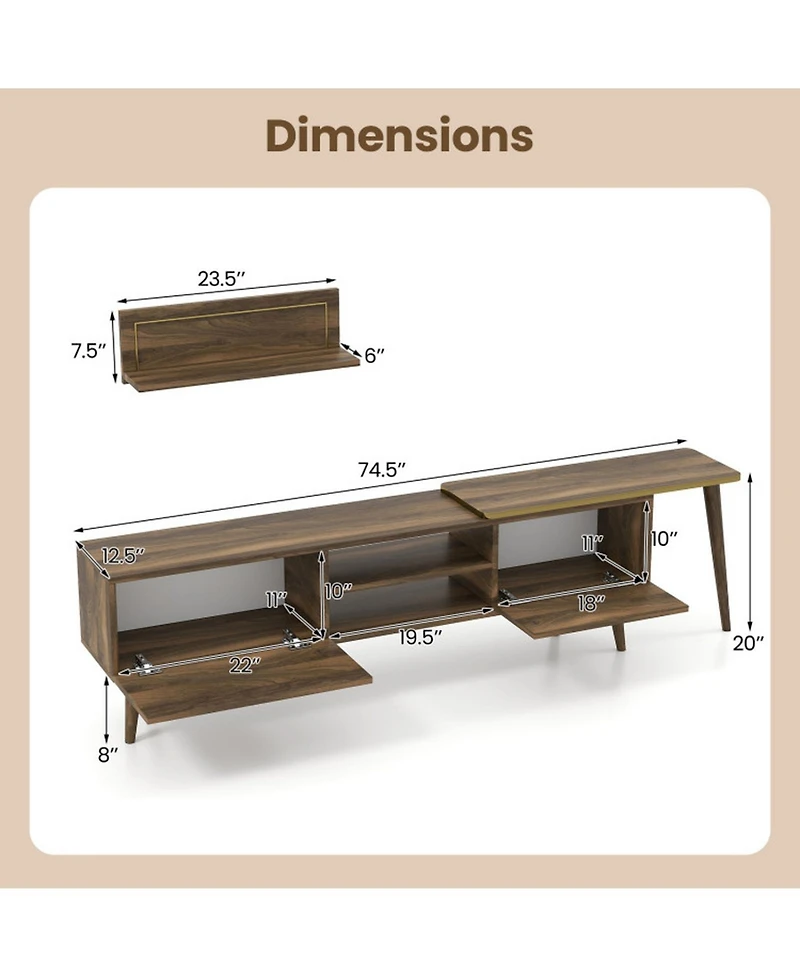 Gouun 75 in Mid-Century Tv Stand with Floating Shelves and Flip Cabinets
