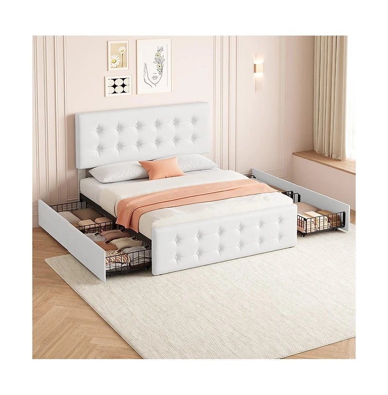 gaomon Noise-Free Full Platform Bed Frame-Upholstered Headboard-4 Storage Drawers-Button Tufted-White