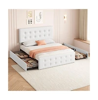 gaomon Noise-Free Full Platform Bed Frame-Upholstered Headboard-4 Storage Drawers-Button Tufted-White