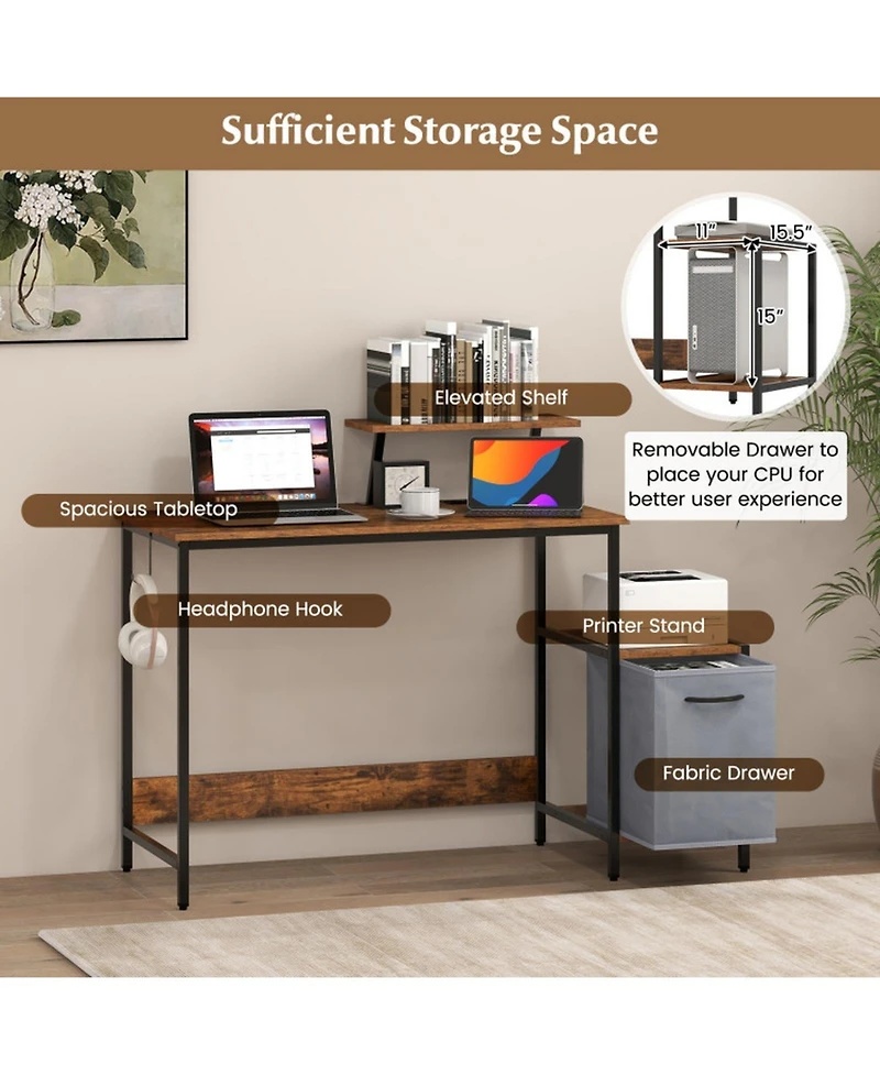 Gouun Reversible Computer Desk with Charging Station, Fabric Storage Drawer and Adjustable Shelf