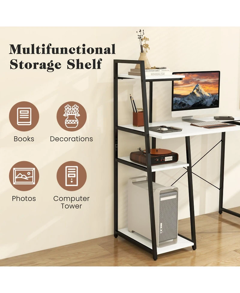 Gouun Computer Desk with 3-Tier Side Bookshelf, Anti-Fall Guard Rail and Adjustable Foot Pads