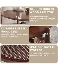 Rainsken Round Coffee Table, 2-Tier Rustic Wood Center Table with Boho Woven Rattan Storage Shelf for Living Room