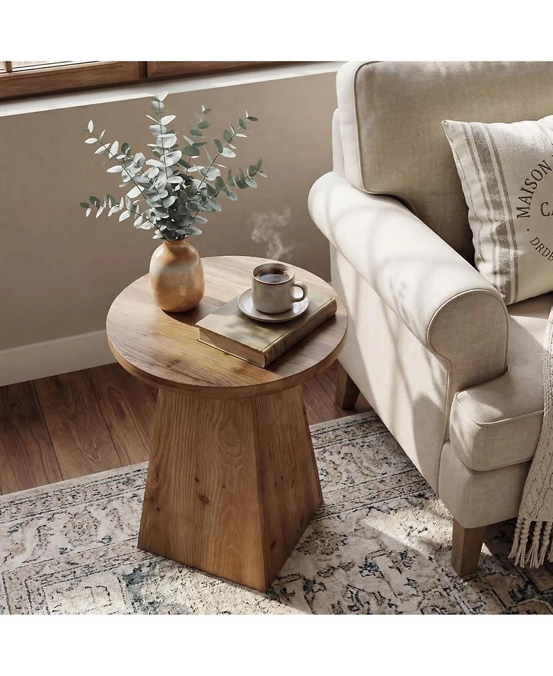 Tribesigns Solid Wood End Table, 19" Round Side Table with Trapezoid Base for Small Spaces, Living Room, Easy Assembly
