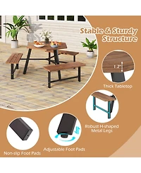Gouun 6-Person Acacia Wood Picnic Table and 3-Bench Set with Umbrella Hole