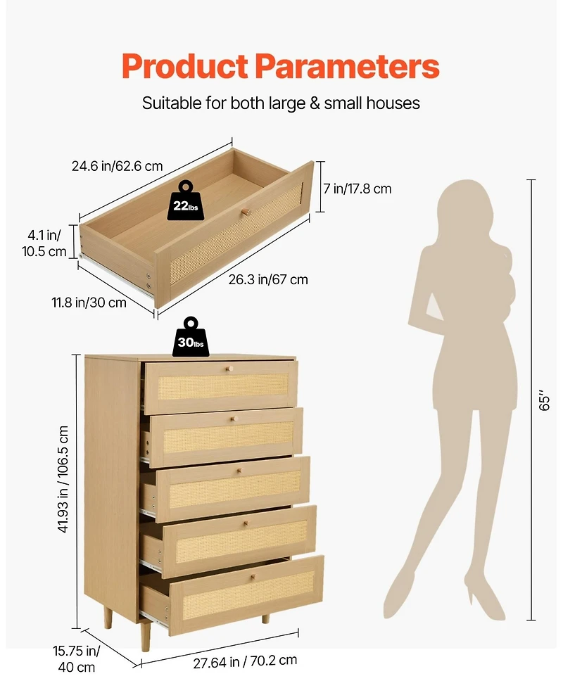 Sugift 5 Drawer Rattan Dresser, Modern Closet Chest with Metal Handles, Wood Legs