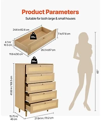 Sugift 5 Drawer Rattan Dresser, Modern Closet Chest with Metal Handles, Wood Legs