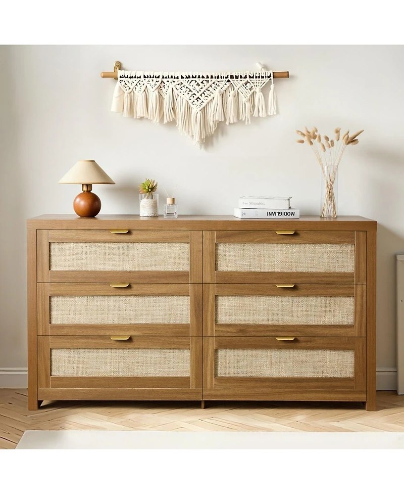 Sugift 6 Drawer Rattan Dresser, Rattan Chest with Metal Handle