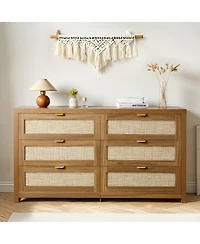 Sugift 6 Drawer Rattan Dresser, Rattan Chest with Metal Handle