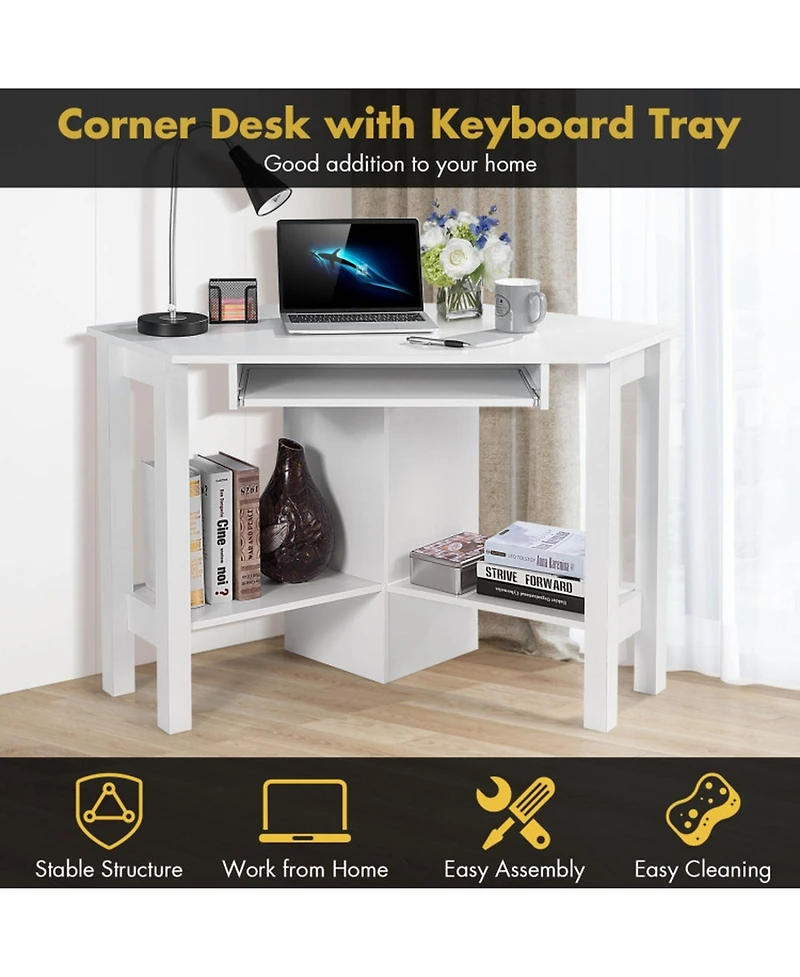 Gouun Corner Computer Desk with Keyboard Tray, 3 Storage Cupboards and Display Shelves