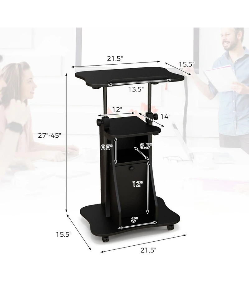 Gouun Mobile Standing Desk Cart with Adjustable Tilt Desktop, Cabinet and Open Shelves