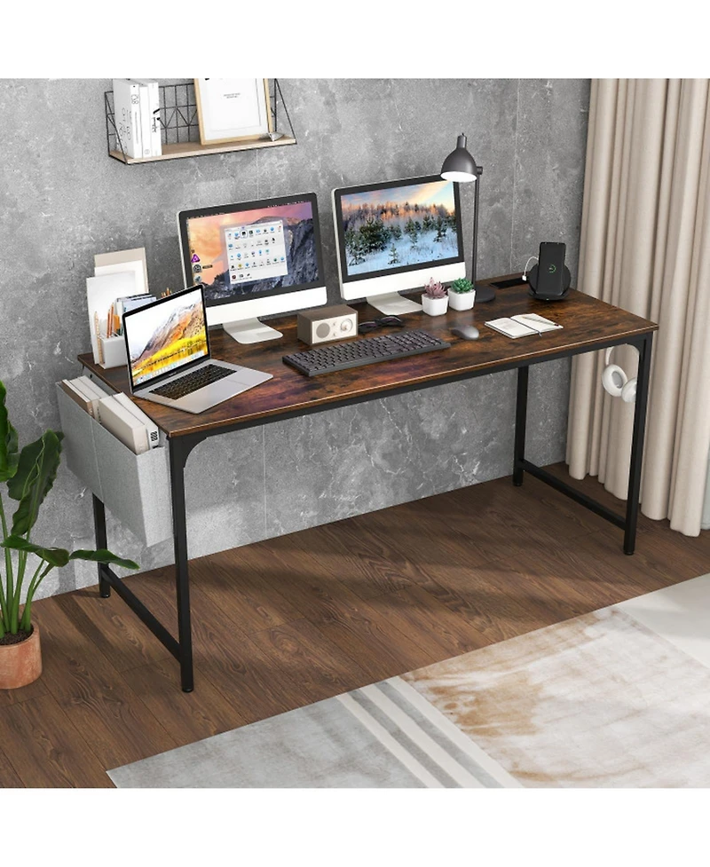 Gouun Computer Desk with Built-In Charging Station, Side Storage Bag and Metal Hook