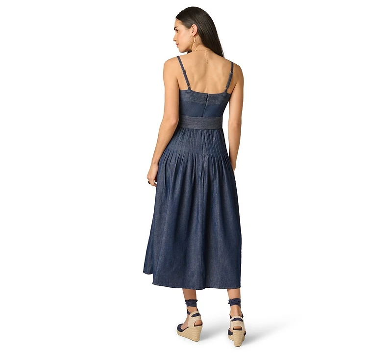 Adrianna Women's Pintucked Square Neck Cotton Denim Midi Dress