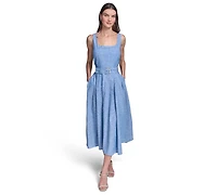 Karl Lagerfeld Paris Women's Fit and Flare Belted Midi Linen Dress