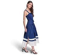 Karl Lagerfeld Paris Women's Cotton Midi with Contrast Border & Rope Tie Belt Dress