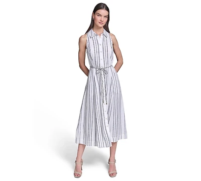 Karl Lagerfeld Paris Women's Striped Linen Midi with Rope Belt Shirtdress