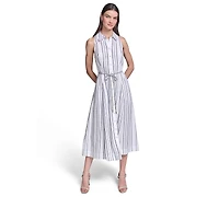 Karl Lagerfeld Paris Women's Striped Linen Midi with Rope Belt Shirtdress