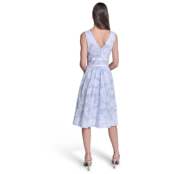 Karl Lagerfeld Paris Women's Floral Burnout Cotton Midi with White Piping Dress
