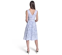 Karl Lagerfeld Paris Women's Floral Burnout Cotton Midi with White Piping Dress