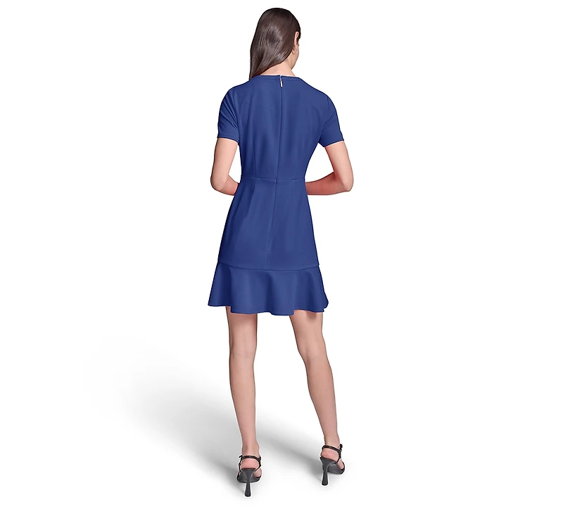 Karl Lagerfeld Paris Women's Short-Sleeve Scuba Crepe with Flounce Hem and Button Dress