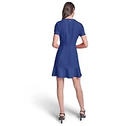 Karl Lagerfeld Paris Women's Short-Sleeve Scuba Crepe with Flounce Hem and Button Dress