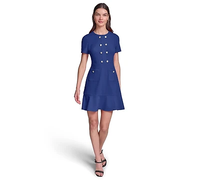 Karl Lagerfeld Paris Women's Short-Sleeve Scuba Crepe with Flounce Hem and Button Dress