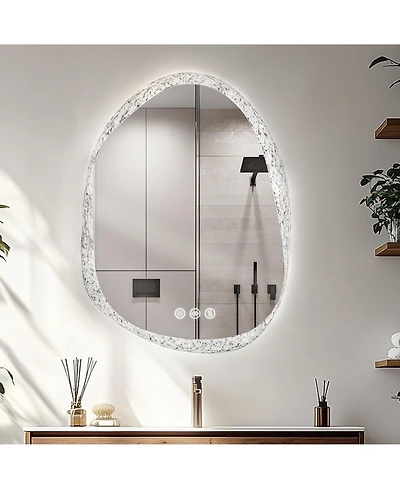 Luvodi 28"x20" Irregular Stone Pattern Frosted Led Bathroom Vanity Mirror for Wall with Backlit Anti Fog, 3 Colors and Dimmable Light