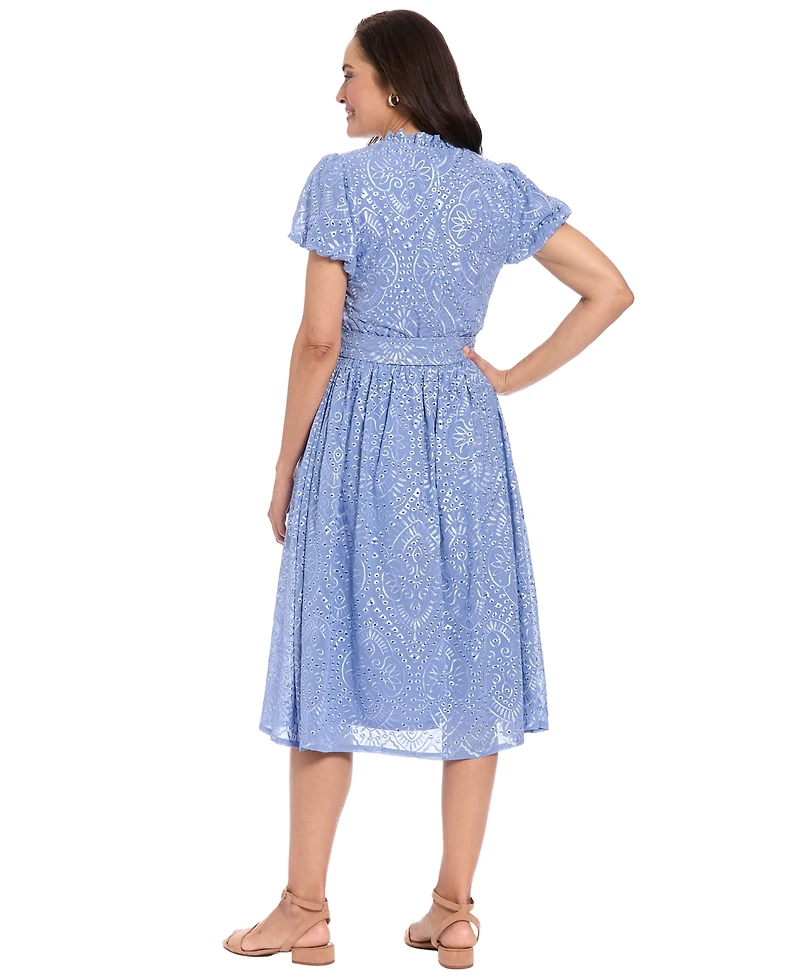 London Times Petite Ruffle Neck Bubble-Sleeve Elastic Waist Midi Dress