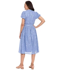 London Times Petite Ruffle Neck Bubble-Sleeve Elastic Waist Midi Dress