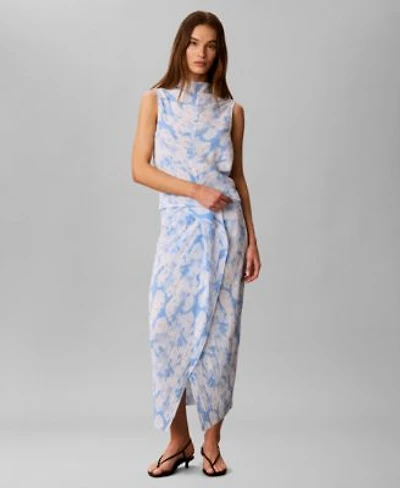 Calvin Klein Womens Printed Plisse Mock Neck Sleeveless Top Bias Seam Midi Skirt