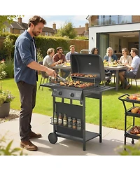 Outsunny 2 Burner Propane Gas Grill, 18000 Btu Bbq Grill with Wheels,